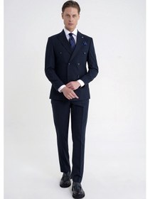 Resim Efor Slim Fit Çift Yırtmaç Esnek Silik Çizgili Lacivert Kruvaze Takım Elbise Tk 946 