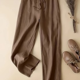 Resim Kadınlar için Yüksek Bel Rahat Pantolon Ayarlanabilir İpli Bel - Gevşek Kesim Düz Bacak Pantolon, Katı Kahverengi, Bahar Yaz Sonbahar için Makinede Yıkanabilir 