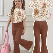 Resim Kızlar için Sevimli Karikatür Ayı Baskılı T-Shirt + Dar Kesim Flare Pantolon İki Parça Takım, Dış Mekanlar İçin Mükemmel 
