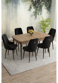 Resim Meri Serisi 80x132 Açılabilir Mdf Meşe Masa Takımı 6 Cappucino Sandalye Kahve Ayak Siyah 