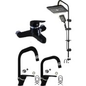 Resim Tesitay Irmak Lavabo Banyo Mutfak Bataryası ve Rainy Robot Duş Siyah Banyo Seti Armatür Musluk Batarya Duş 