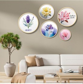 Resim Yuvarlak Ahşap Minimalist Renkli Ve Yazılı Çiçekler Tablo Seti 