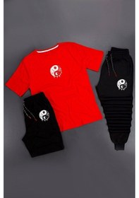 Resim 3'lü Yin & Yang Baskılı Eşofman Takımı Kombin Kırmızı 