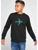 Resim Silhouette Time To Travel Baskılı Unisex Çocuk Siyah Sweatshirt 