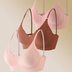 Resim 3 Adet Kadınlar İçin Dantel Detaylı V Yaka Desenli Push-Up Sütyen - Çıkarılabilir Pedler, Rahat Kesim, Günlük ve Özel Günler İçin Strapless Push Up Sütyen, Pembe & Kahverengi, Düz Dokulu Üst 
