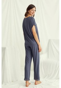 Resim Monamise 18484 Kadın V Yaka Kısa Kollu Pijama Takımı-lacivert Lacivert 