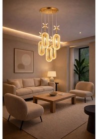 Resim Bohem Aydınlatma 5'li Gold Sarkıt Elips 3 Renk Led Modern Avize Gold 