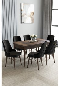 Resim Jusie Barok Desen 80x132 Açılabilir Mutfak Masası Takımı 4 Sandalye, 1 Bench Siyah 