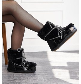 Resim Günlük Kadın Kar Botu Kürklü Bağcıklı Anne Kız Rahat Astarlı Kalın Taban 327 Siyah 