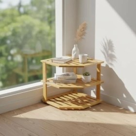 Resim 3 Katlı Doğal Bambu Köşe Rafı - Tezgah Üstü Mutfak ve Banyo Düzenleyici | Baharatlık, Kavanoz ve Dekoratif Rafı (24.5X24.5X23 Cm) 