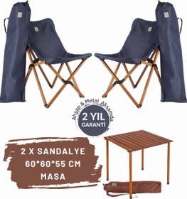 Resim Bag The Joy Ahşap Katlanır Masa Sandalye Seti Kahverengi Iskelet Lacivert Kılıf, 60x60x55 Kahve Masa 