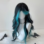 Resim Unisex Siyah & Mavi Ombre Dalgalı Saç Peruk - Ayarlanabilir Kapaklı Ağ, Orta Uzunlukta Bölünmüş Uçlar, Günlük Kullanım ve Partiler İçin, Tüm Etnik Gruplara Uygun Şık Tasarım, Çok Yönlü Saç Modeli, Güvenli Takma, Cosplay Aksesuarı 