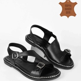 Resim Kadın Hakiki Deri Asimetrik Kesim Kısa Topuklu Yazlık Sandalet - Siyah Siyah 