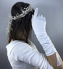 Resim Beyaz Uzun Püsküllü Saten Eldiven Ve İncili Taç Nikah Takımı 
