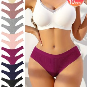 Resim 10'lu Rastgele Paket, Kabartmalı Düz Renk Düşük Bel Seksi Kadın Tanga, Rahat Nefes Alabilen Esnek İç Çamaşırı Seti 