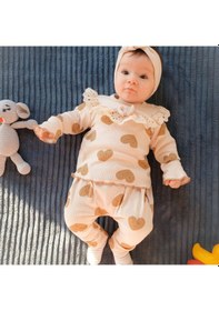 Resim Kalp Baskılı Fisto Yaka 3 Parça Kız Bebek Takımı %100 Pamuk Krem 