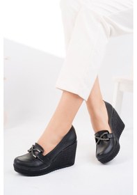 Resim GİMER - Dolgu Taban Tokalı Siyah Cilt Kadın Ayakkabı - İRM400... Siyah 