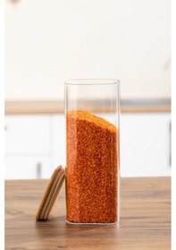 Resim Porsima 7-4 Bambu Vakumlu Kapaklı Kare Borsilikat Cam 8li Kavanoz Seti Saklama Kabı 1900ml 9,5x27cm 