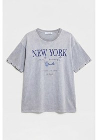 Resim Itsbasic Kadın Antrasit S6-13 Oversize New York Baskılı T-shirt 
