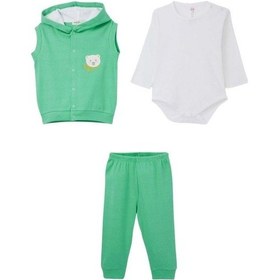 Resim Erkek Bebek Üçlü Ayıcık Detaylı Yelekli Takım-15294 Yesil 