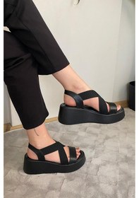 Resim Kadın Mokka Siyah Lastik Detaylı Dolgu Tabanlı Sandalet Siyah 