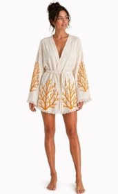 Resim Sedna Kadın Ekru Müslin Kimono Bornoz - Kuşaklı, Püskül Detaylı, Oversize Rahat Kesim Plaj & Ev Giyim 