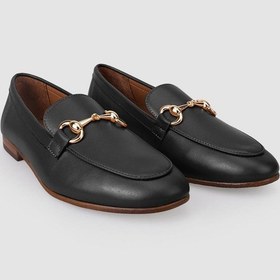 Resim %100 Hakiki Deri Siyah Tokalı Kadın Loafer Siyah 
