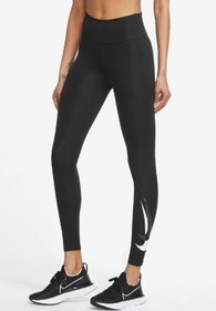 Resim Nike One Dri Fit Big Double Swoosh Leggings Toparlayıcı 2 Iç Cepli Siyah Tayt 