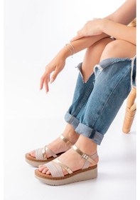 Resim 730-015 Bej Garni Ortopedik Hakiki Deri Dolgu Kadın Sandalet - Kopya Çok Renkli 