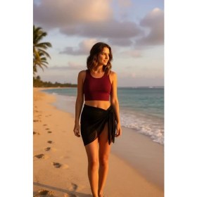 Resim Beruflic Kadın Bordo Yuvarlak Yaka Crop ve Siyah Transparan Pareo 2’li Set Under Moda 