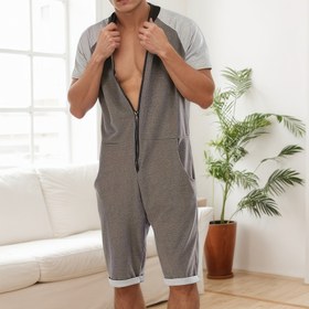 Resim Erkekler için Dik Yaka Omuz Ekleme Kısa Kollu Pantolonlu Tulum Pijama Ev Giyimi 