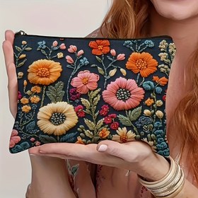 Resim 2D Düz, 1 adet Canlı Çiçekli Makyaj Çantası - Dayanıklı Polyester 2D Baskı Dikişsiz Kozmetik Çantası Fermuarlı Kapatma, Katlanabilir Seyahat ve Açık Hava Tuvalet Organizatörü Yetişkinler İçin, Kozmetik Saklama Çantası, Rahat Stil, Metal Zincir Askı, 2D Düz 