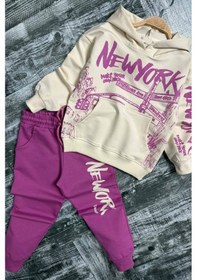 Resim Riccotarz Kız Çocuk Üzeri New York Yazı Detaylı Bilekleri Manşetli Sweatshirt Mor Eşofman Takım Mor 