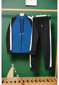 Resim Unisex Şerit Detaylı Kapüşonlu Çocuk Eşofman Takımı Saks 