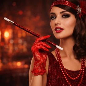 Resim Beruflic 30 cm Kırmızı Payetli Sigara Tutacağı - 1920’LER Gatsby Parti Aksesuarı 