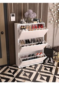 Resim 3 Bölmeli Raflı Ayakkabılık - Düşer Kapaklı Modern Antre Düzenleyici Beyaz 