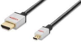 Resim ED-84489 ednet Premium Hdmi High Speed with Ethernet Bağlantı Kablosu (Hdmi 1.4), 2160p, 4K, Hdmi D (mikro) Erkek <-> Hdmi A Erkek, 2 metre, AWG30, UL, 3x zırhlı, pamuk örgü kablo kılıfı, altın kaplama, gümüş/siyah renk 
