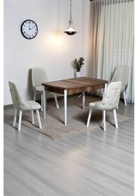 Resim Monera Ceviz 80 X 132 Açılabilen Sunta Masa Metal Ayaklı Mutfak Masası Takımı 4 Krem Sandalye Krem 