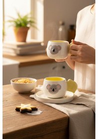 Resim 2 Kişilik Seramik Kahve Fincanı Kabartma Koala Figürlü Beyaz - Sarı 