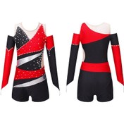 Resim Kırmızı Çocuk Kız Dans Bodysuit Uzun Kollu Off-omuz Patchwork Stil Leotard Unitard Bale Tulum Şortlu Kırmızı 