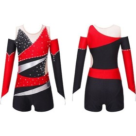 Resim Kırmızı Çocuk Kız Dans Bodysuit Uzun Kollu Off-omuz Patchwork Stil Leotard Unitard Bale Tulum Şortlu Kırmızı 
