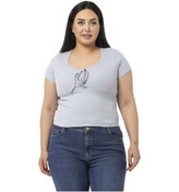 Resim Büyük Beden Yarım Kollu Göğüste Bağcık Detaylı Kaşkorse Gri Body-gri Gri 