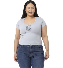 Resim Büyük Beden Yarım Kollu Göğüste Bağcık Detaylı Kaşkorse Gri Body-gri Gri 