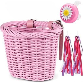 Resim Skycity Küçük Pembe Çocuk Bisikleti Aksesuar Seti: Taklit Rattan Sepet, Zil, Sticker Ve Düğme - 12-18 İnç Bisikletler İçin Pembe 