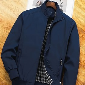 Resim Erkekler için Rahat Bahar/Sonbahar Polyester Ceket, Yaka ve Fermuar Cebi Detaylı, Dış Mekan ve İş Giyiminde Kullanılan Düz Uzun Kollu Ceketler 