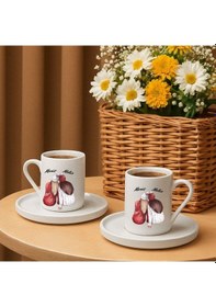 Resim Kişiye Özel İkili Arkadaş Temalı Türk Kahvesi Fincan Seti Hediyelik Beyaz 