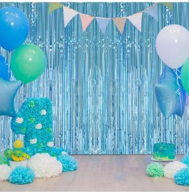 Resim Açık Mavi Renk Ekstra Metalize Parlak Saçaklı Arka Fon Perde İthal A Kalite 1x2 Metre 