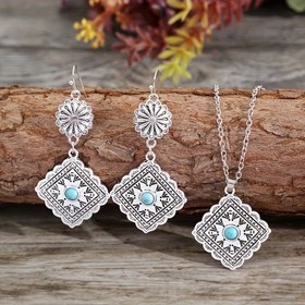 Resim Turkuaz Reçine Kaplaması ile Vintage Batı İlhamlı Geometrik Alaşım Takı Seti - Bir Kolye ve Uyumlu Küpeler İçerir, Günlük Kullanım ve Hediye Verme için İdeal, Tüm Mevsimler için Esnek 