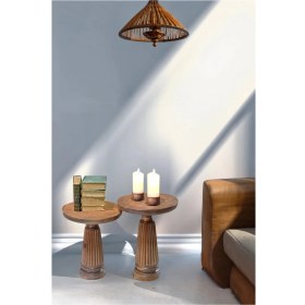 Resim Wood Wooden 2’Li Set Fitilli Mantar Yan Sehpa Modern Açık Ceviz Renk Fiskos 