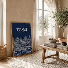 Resim Istanbul Line Art Print - Navy Bosphorus Skyline Hagia Sophia Wall Art - Wooden Frame - Natural / 20 x 28" (50x70 cm) 